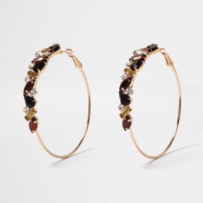 Gold tone jet stone hoop earrings